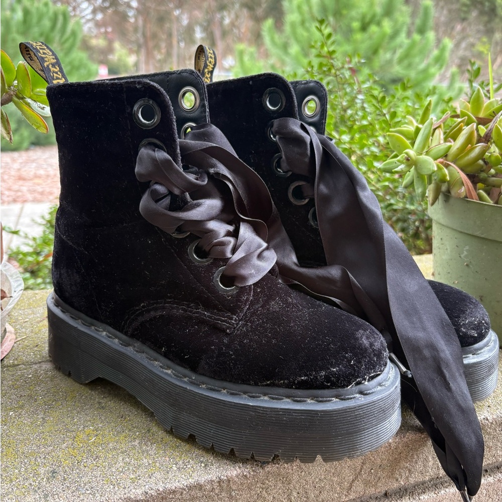 Dr. Martens Black Velvet Combat Boots (Molly)